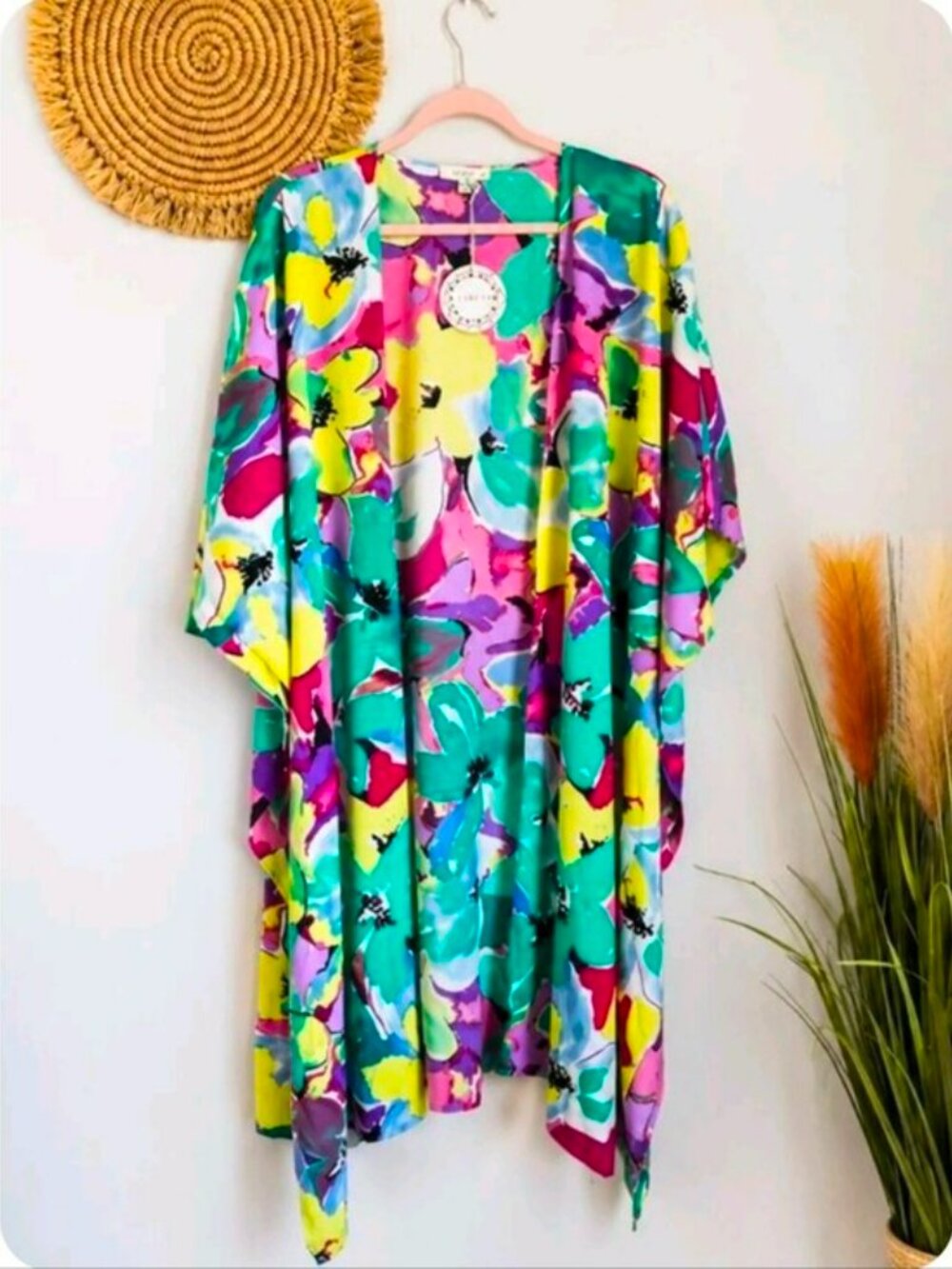 UMGEE New Emerald Mix Vibrant Floral Open Front Longline Kimono SZ 1XL 2XL Boho - Picture 9 of 9